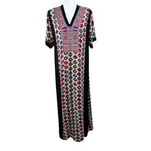 ALM Black Multi Abstract Embroidered V-Neck Boho Ethnic Kaftan Maxi Dress Large